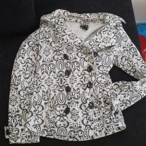 Black and white fleece peacoat style jacket with h
